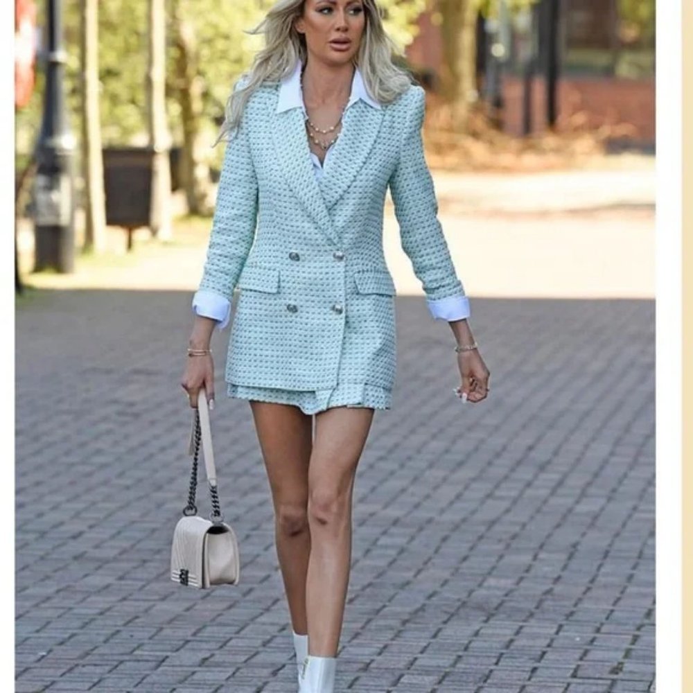 ZARA 2 Piece Textured Double Breastex Check Blazer And Structured Skirt